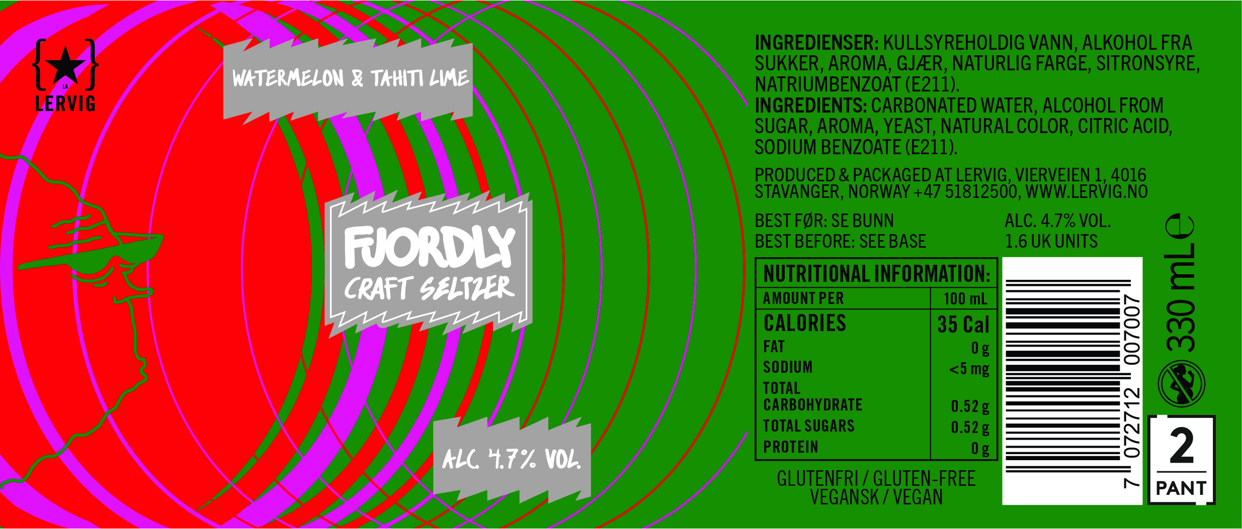 Lervig Fjordly Watermelon Tahiti Lime 33 cl boks sur