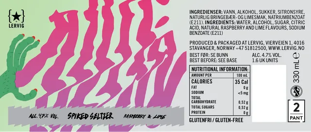 Lervig Spiked Seltzer Raspberry Lime 33 cl lett