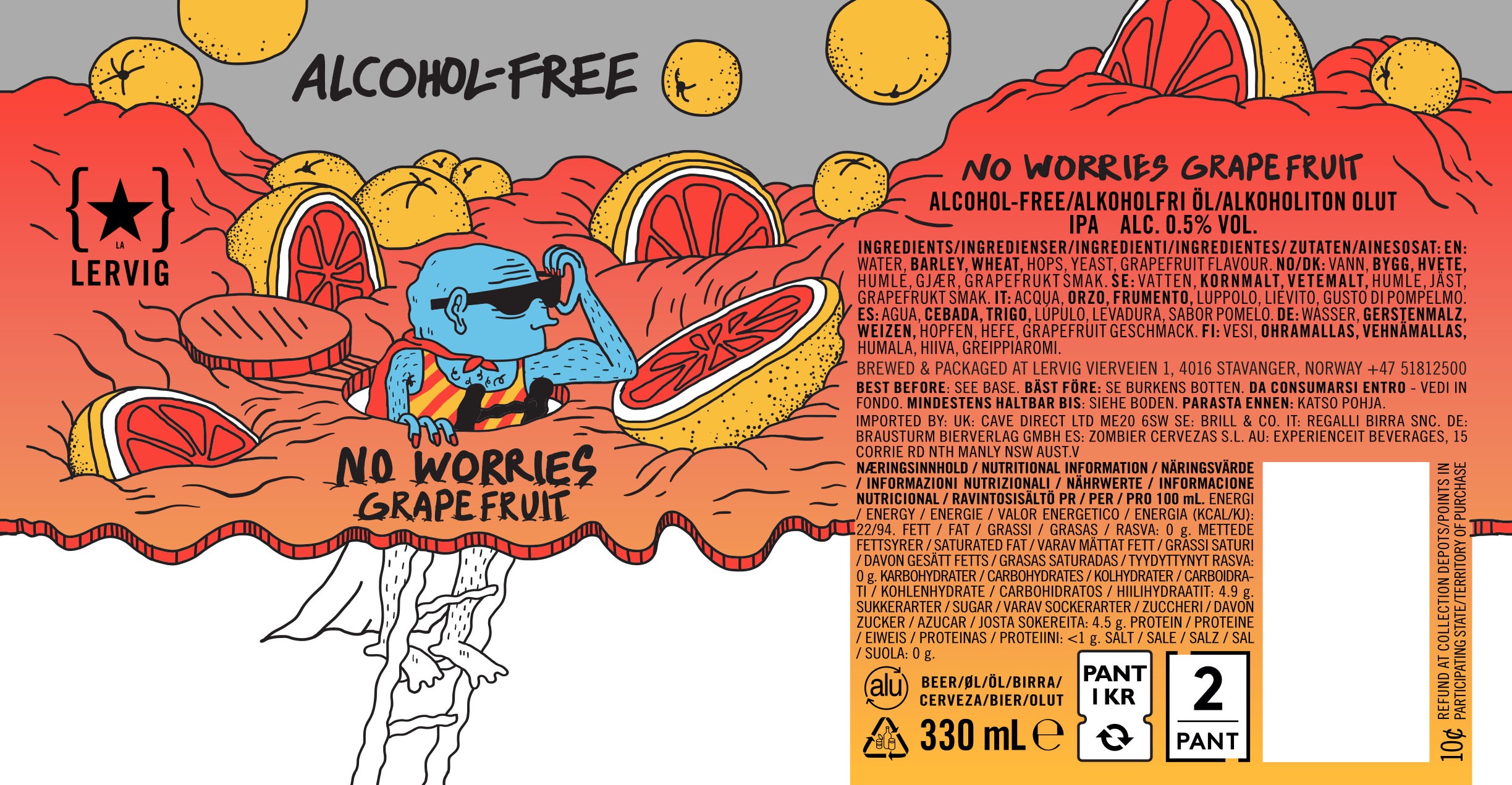 Lervig No Worries Grapefruit øl 33 cl alkoholfri
