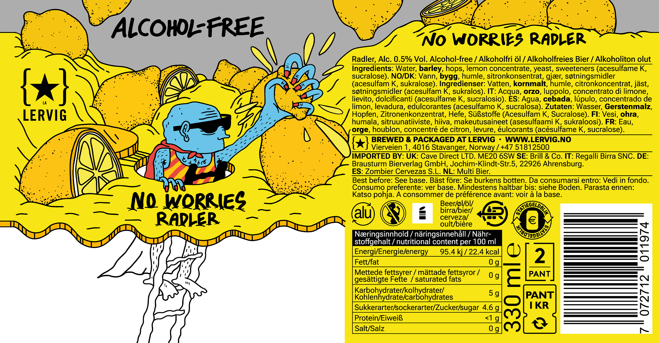 Lervig No Worries Radler alkoholfri øl boks 33cl sitron