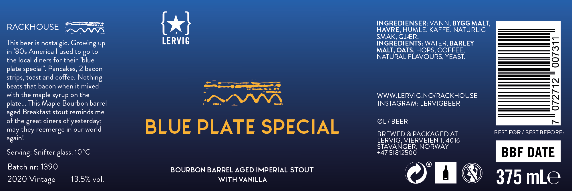 Lervig Blue Plate Special øl boks maltpreget