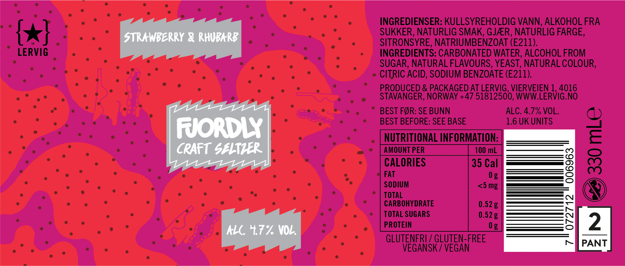 Lervig Fjordly Strawberry Rhubarb seltzer boks 330 ml